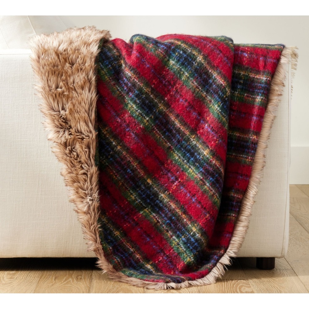 Pottery Barn Stewart Plaid Faux Fur‎ Throw Blanket Red Green Holiday 50x60